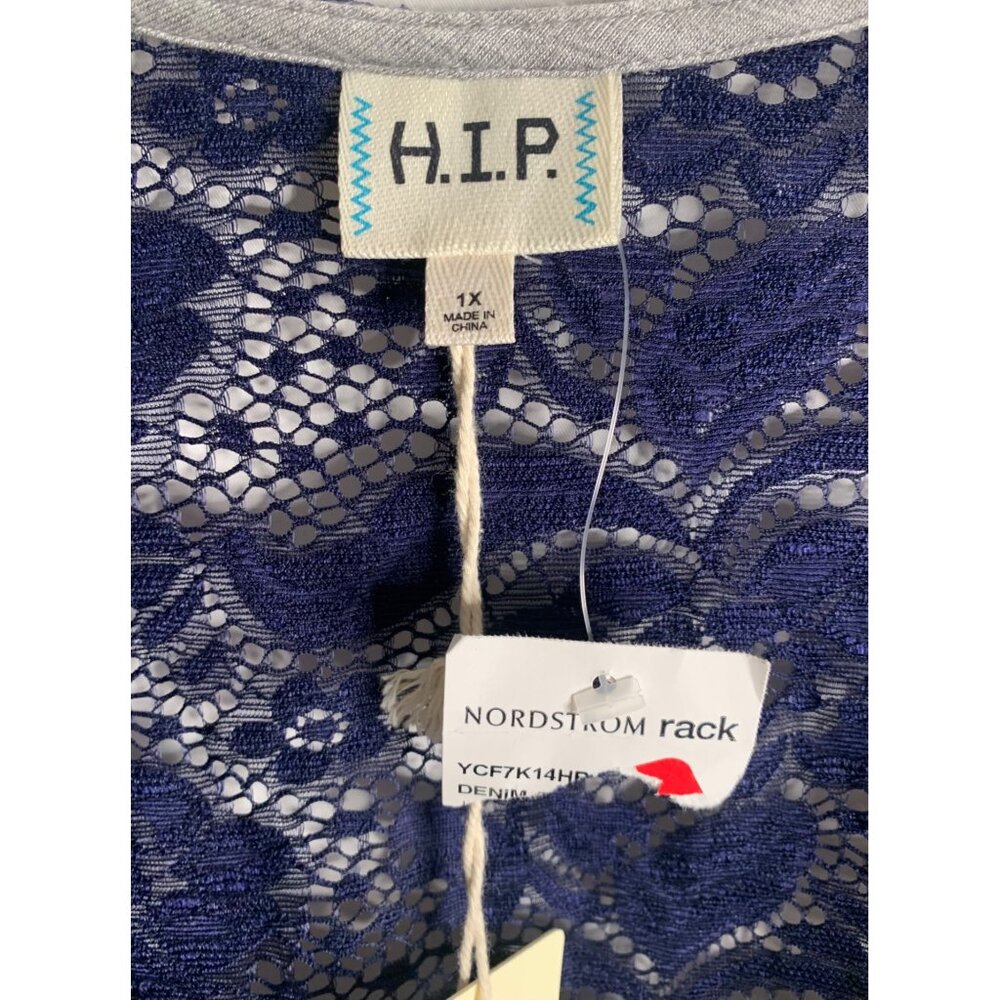 •SOLD•H.I.P. Navy Blue & Gray Lace Drawstring Hem Open Front Women's Kimono 1X - Picture 3 of 8